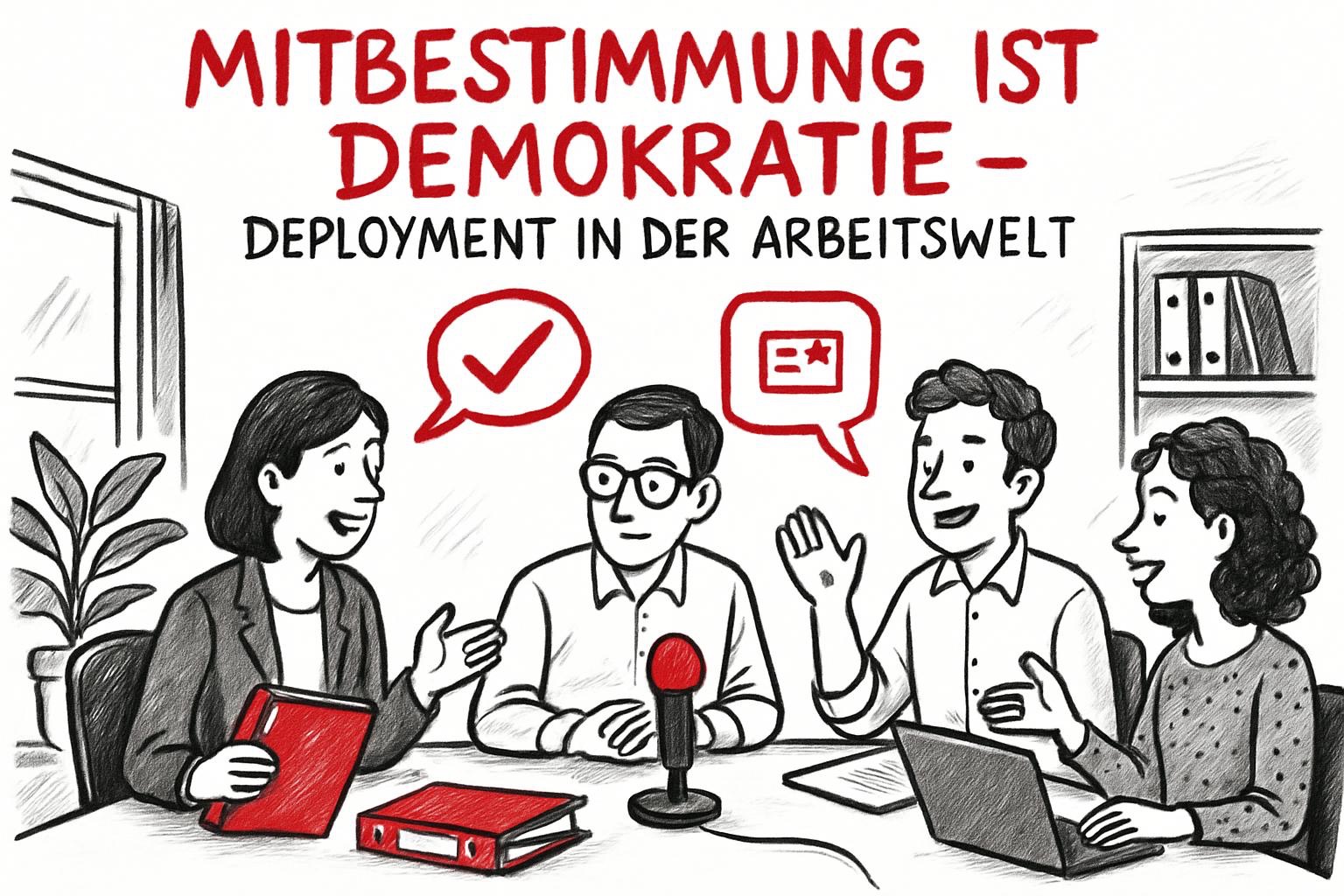 Vier Arbeitnehmer sitzen an einem Tisch und diskutieren. Überschrift: Mitbestimmung ist Demokratie-Deployment in der Arbeitswelt.
